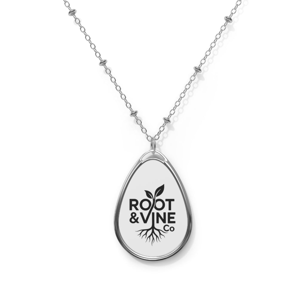 Engraved Oval Pendant Necklace — Root & Vine Logo Teardrop Charm
